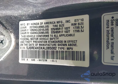 2010 Honda Cr-V Lx из США, поврежденный, VIN 5J6RE4H3XAL085082